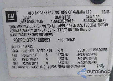 2005 Chevrolet Silverado 1500 Ls from USA, damaged, VIN 2GCEC13T951289657